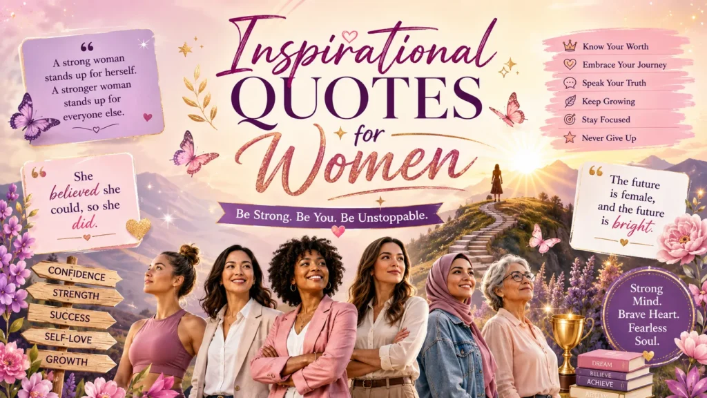 Inspirational Quotes for Women infographic featuring confident women, motivational quote cards, empowering messages, and symbols of strength, confidence, success, and personal growth.